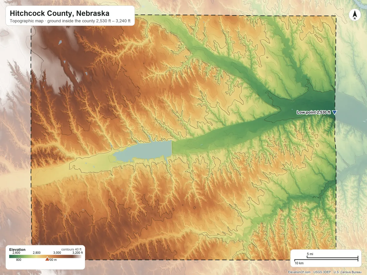 Topographic elevation map of Hitchcock County, Nebraska, shaded from 2,530 ft on the east side to 3,240 ft on the southwest side