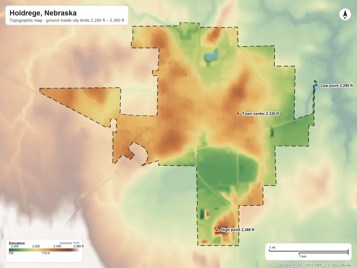 Topographic elevation map of Holdrege, Nebraska, shaded from 2,290 ft on the east side to 2,360 ft on the south side