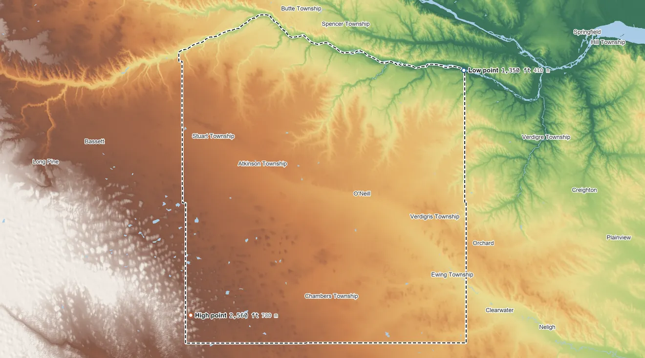 Topographic elevation map of Holt County, Nebraska, shaded from 1,350 ft on the northeast side to 2,560 ft on the southwest side