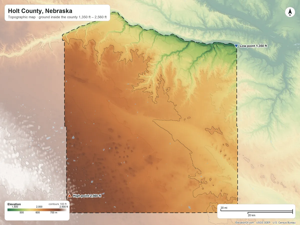Topographic elevation map of Holt County, Nebraska, shaded from 1,350 ft on the northeast side to 2,560 ft on the southwest side