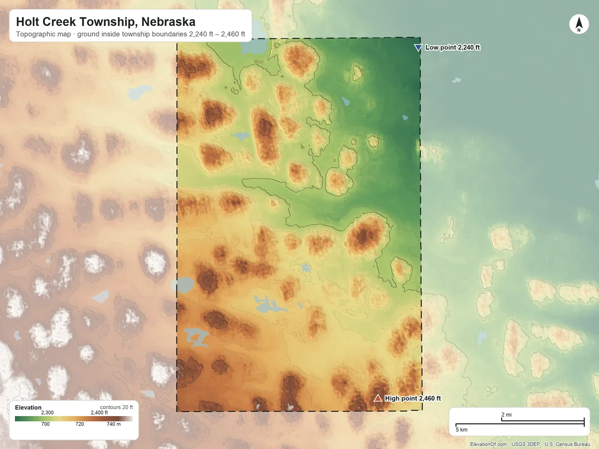 Topographic elevation map of Holt Creek Township, Nebraska, shaded from 2,240 ft on the northeast side to 2,460 ft on the southeast side