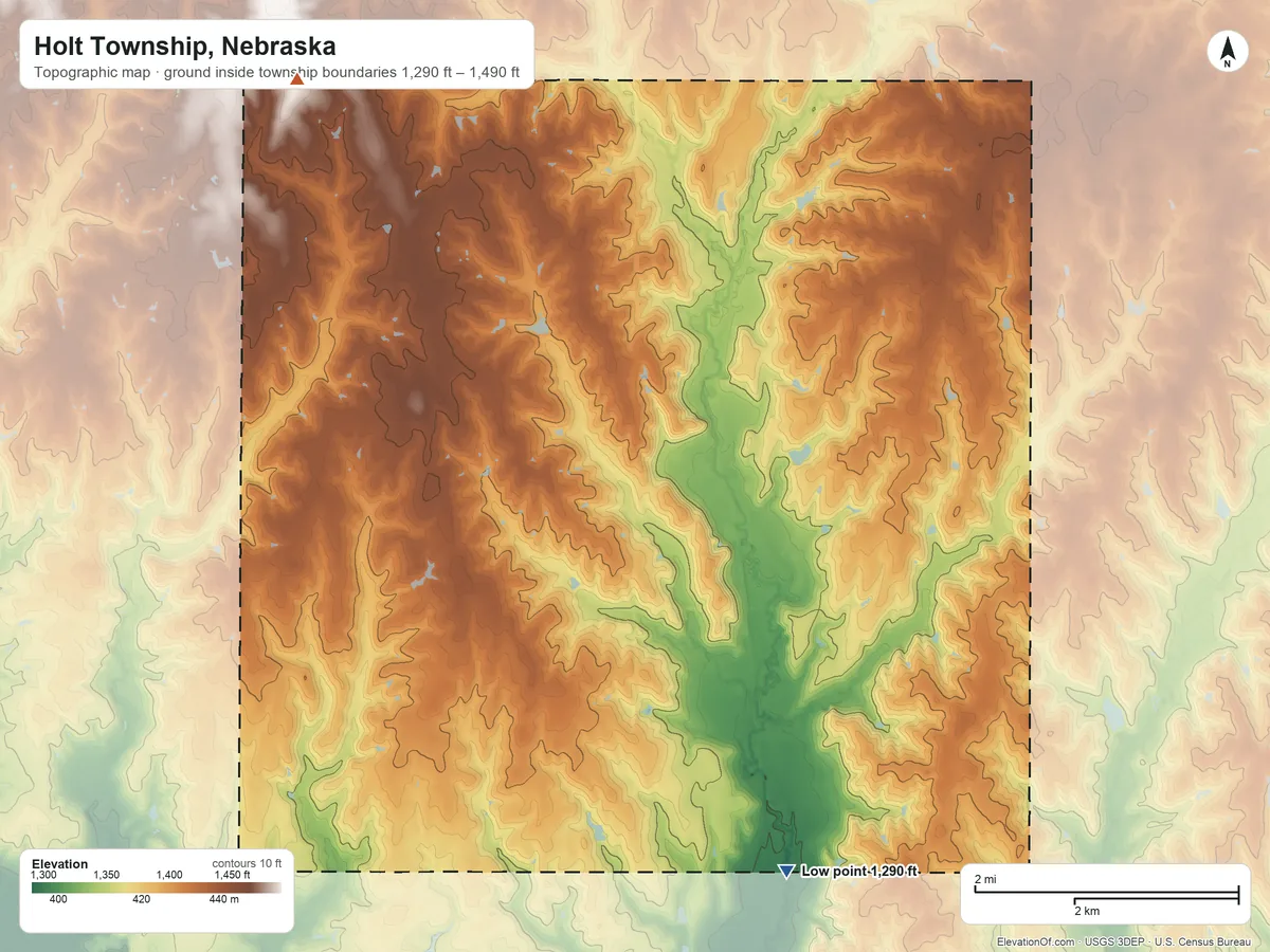 Topographic elevation map of Holt Township, Nebraska, shaded from 1,290 ft on the south side to 1,490 ft on the northwest side