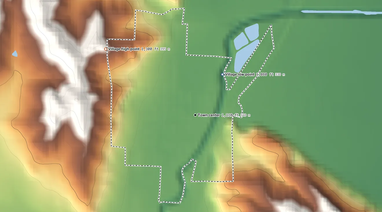 Topographic elevation map of Homer, Nebraska, shaded from 1,080 ft on the northeast side to 1,300 ft on the northwest side