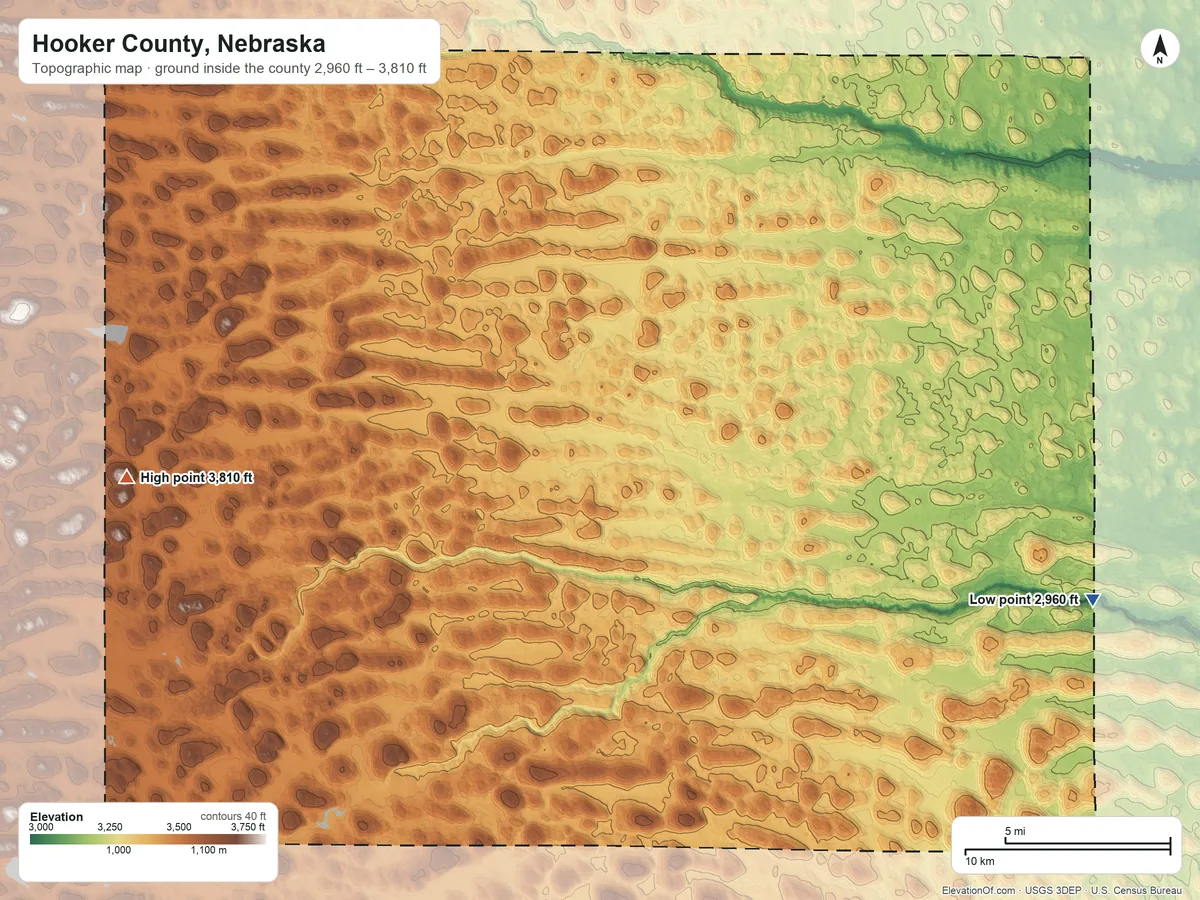 Topographic elevation map of Hooker County, Nebraska, shaded from 2,960 ft on the east side to 3,810 ft on the west side