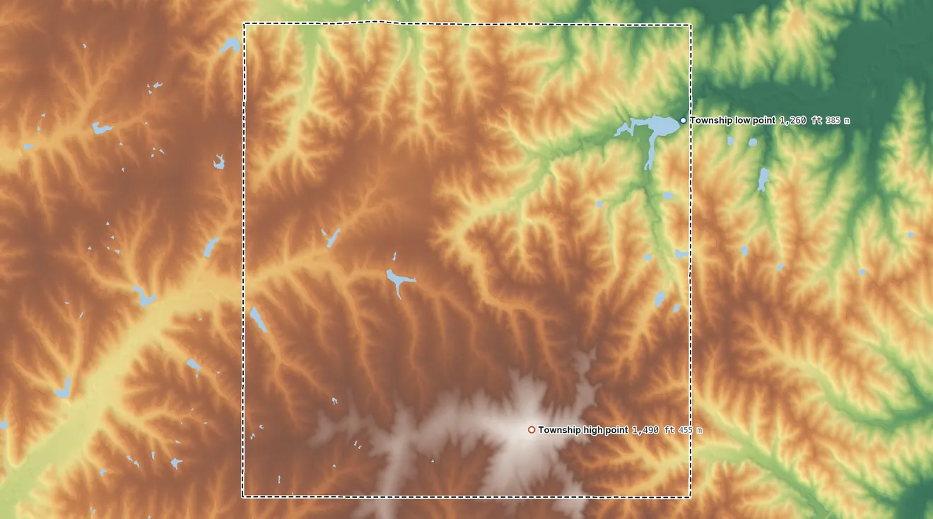 Topographic elevation map of Hooker Township, Gage County, Nebraska, shaded from 1,260 ft on the northeast side to 1,490 ft near the middle