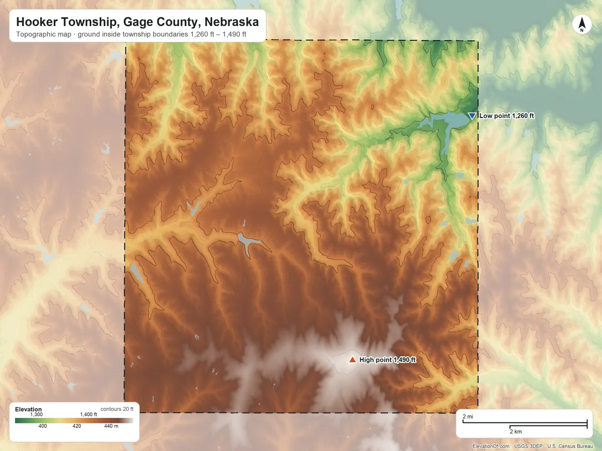 Topographic elevation map of Hooker Township, Gage County, Nebraska, shaded from 1,260 ft on the northeast side to 1,490 ft near the middle