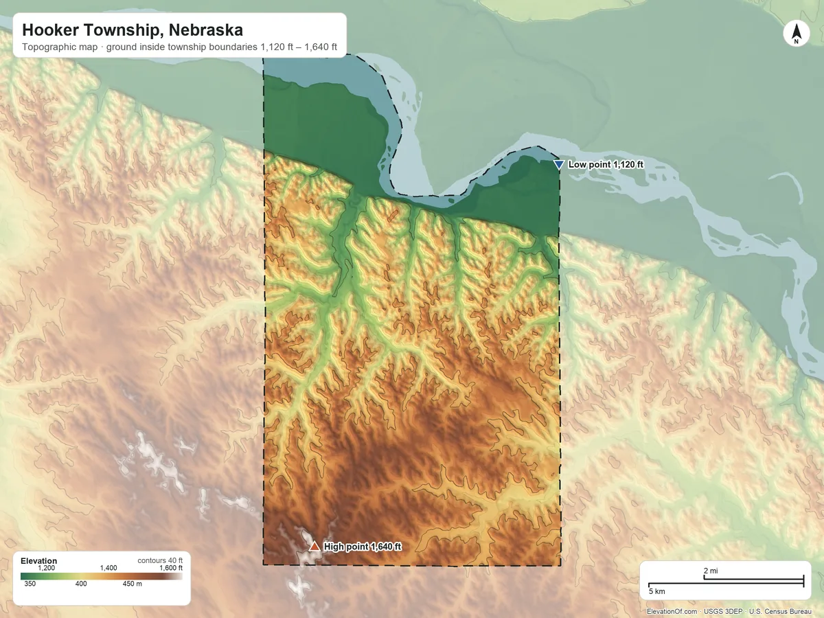 Topographic elevation map of Hooker Township, Nebraska, shaded from 1,120 ft on the northeast side to 1,640 ft on the southwest side