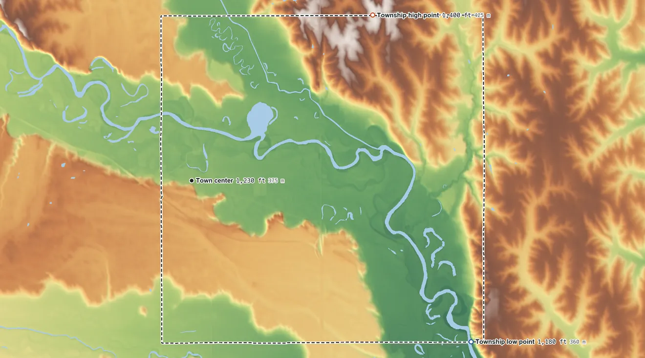 Topographic elevation map of Hooper Township, Nebraska, shaded from 1,180 ft on the southeast side to 1,400 ft on the northeast side