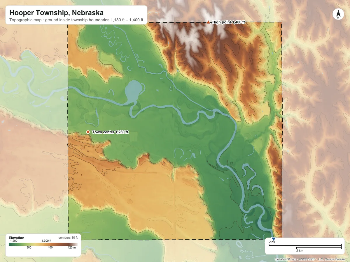 Topographic elevation map of Hooper Township, Nebraska, shaded from 1,180 ft on the southeast side to 1,400 ft on the northeast side