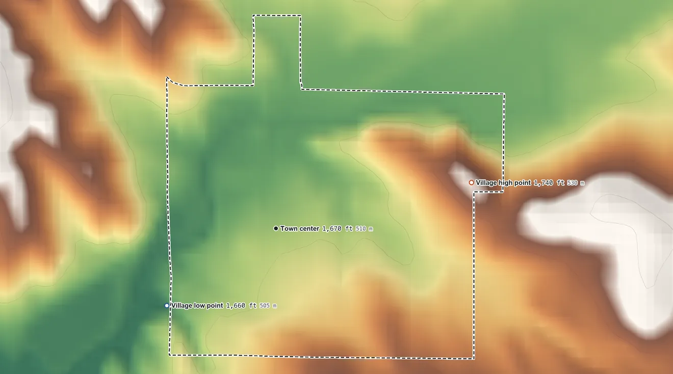 Topographic elevation map of Hoskins, Nebraska, shaded from 1,660 ft on the southwest side to 1,740 ft on the east side