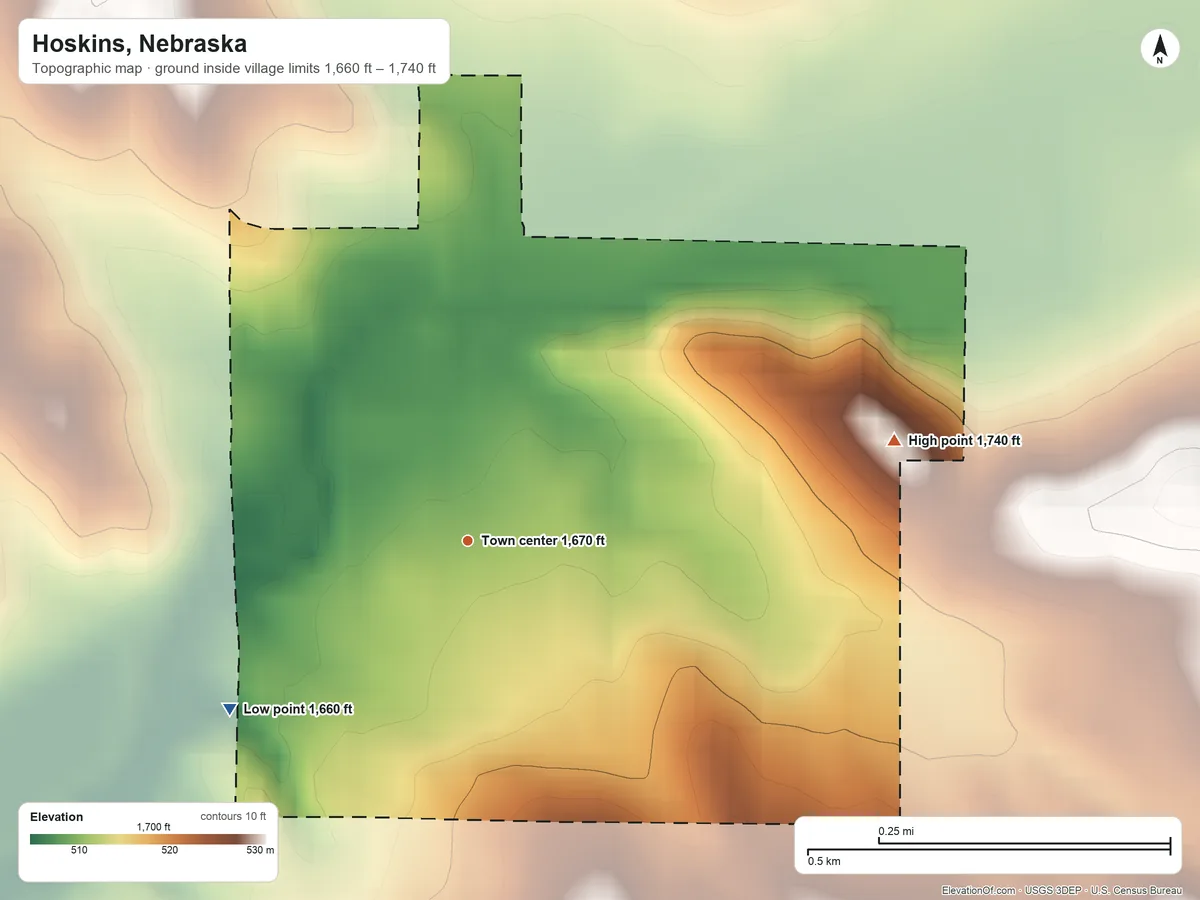 Topographic elevation map of Hoskins, Nebraska, shaded from 1,660 ft on the southwest side to 1,740 ft on the east side