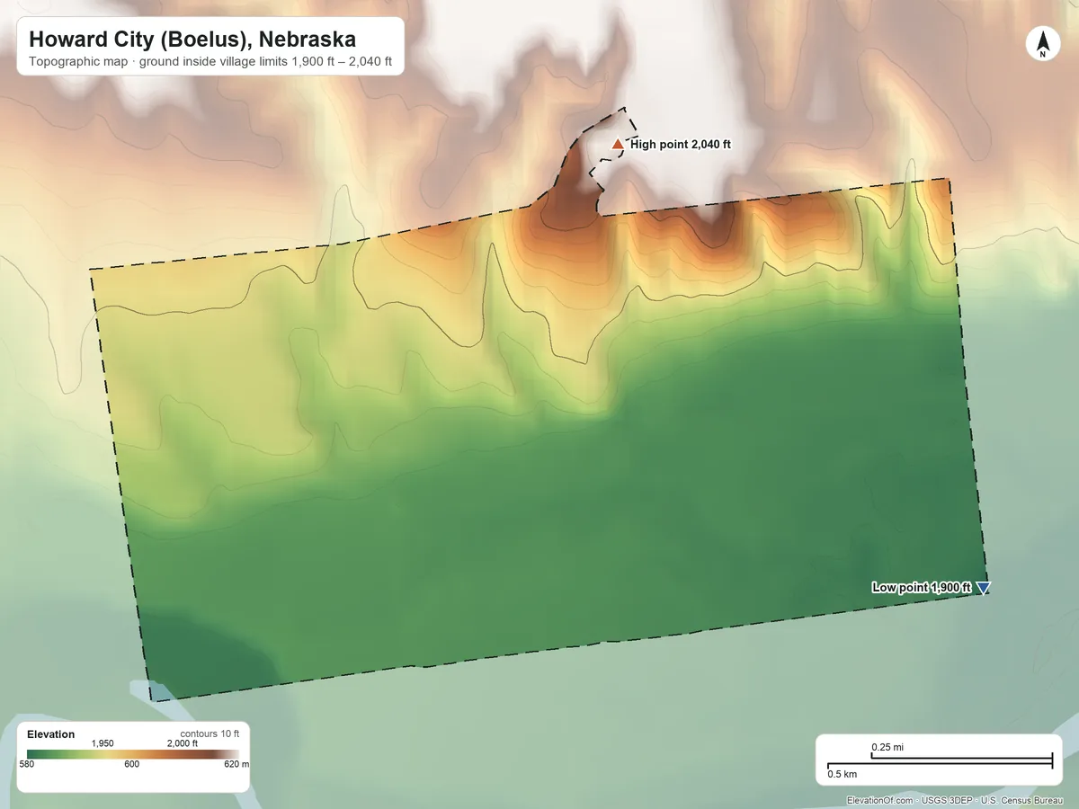 Topographic elevation map of Howard City (Boelus), Nebraska, shaded from 1,900 ft on the east side to 2,040 ft on the northeast side