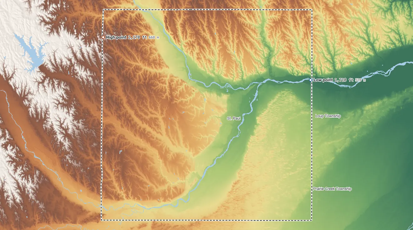 Topographic elevation map of Howard County, Nebraska, shaded from 1,710 ft on the east side to 2,170 ft on the northwest side