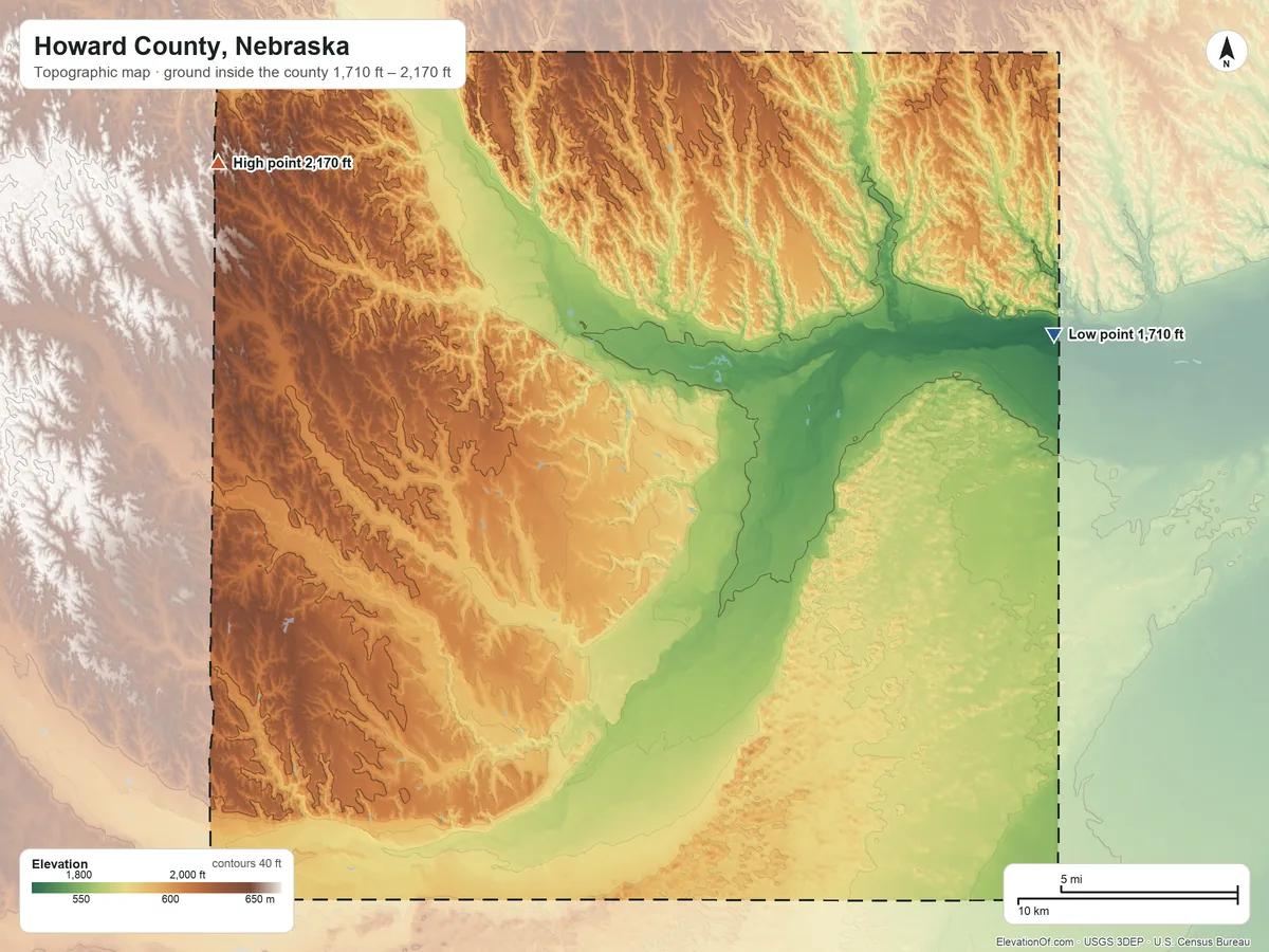 Topographic elevation map of Howard County, Nebraska, shaded from 1,710 ft on the east side to 2,170 ft on the northwest side