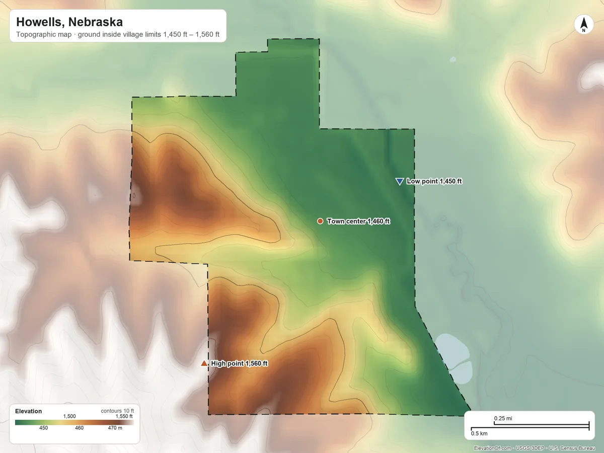 Topographic elevation map of Howells, Nebraska, shaded from 1,450 ft on the northeast side to 1,560 ft on the southwest side