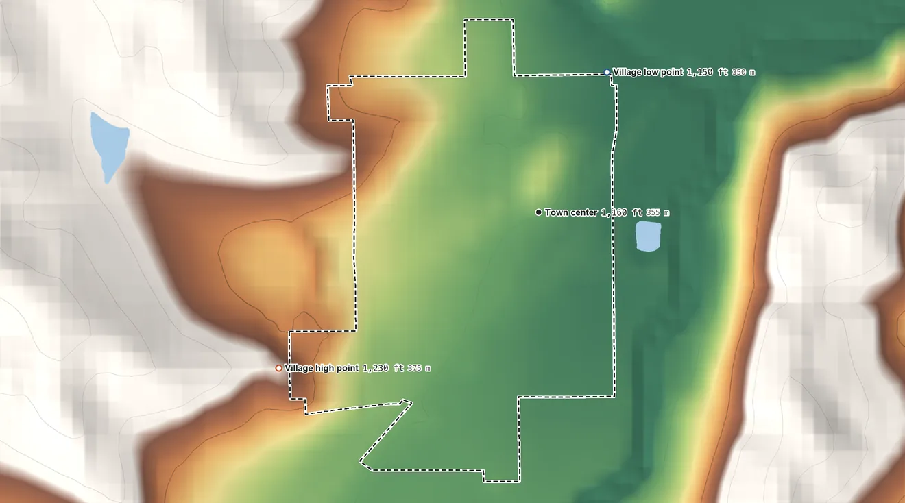 Topographic elevation map of Hubbard, Nebraska, shaded from 1,150 ft on the northeast side to 1,230 ft on the southwest side