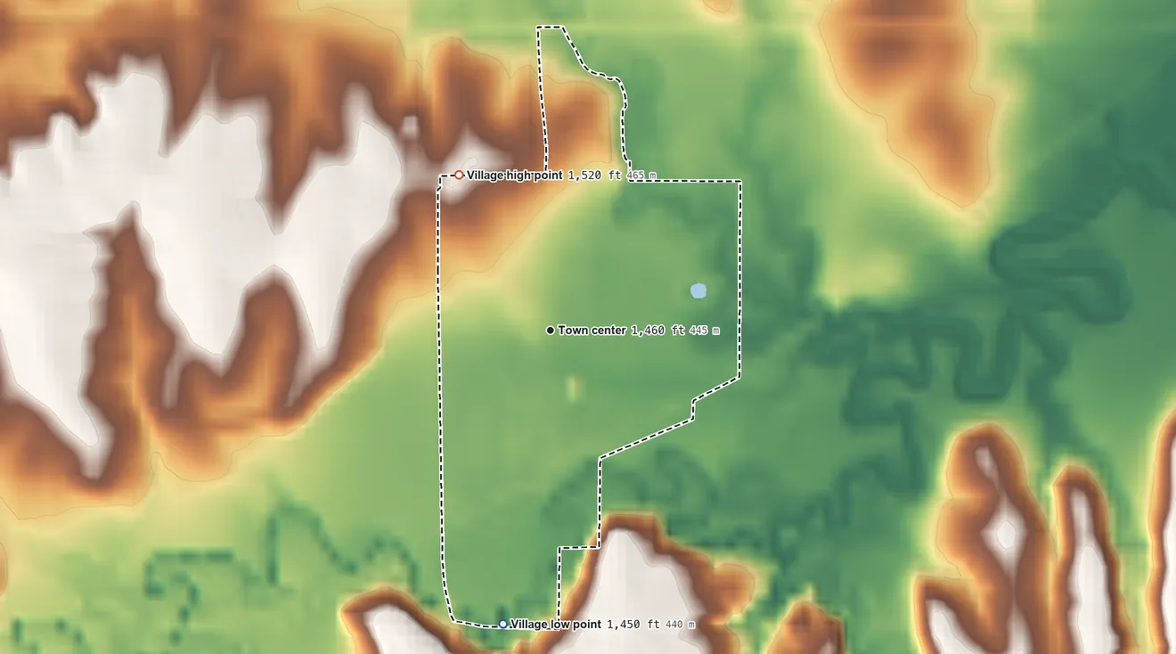 Topographic elevation map of Hubbell, Nebraska, shaded from 1,450 ft on the south side to 1,520 ft on the northwest side