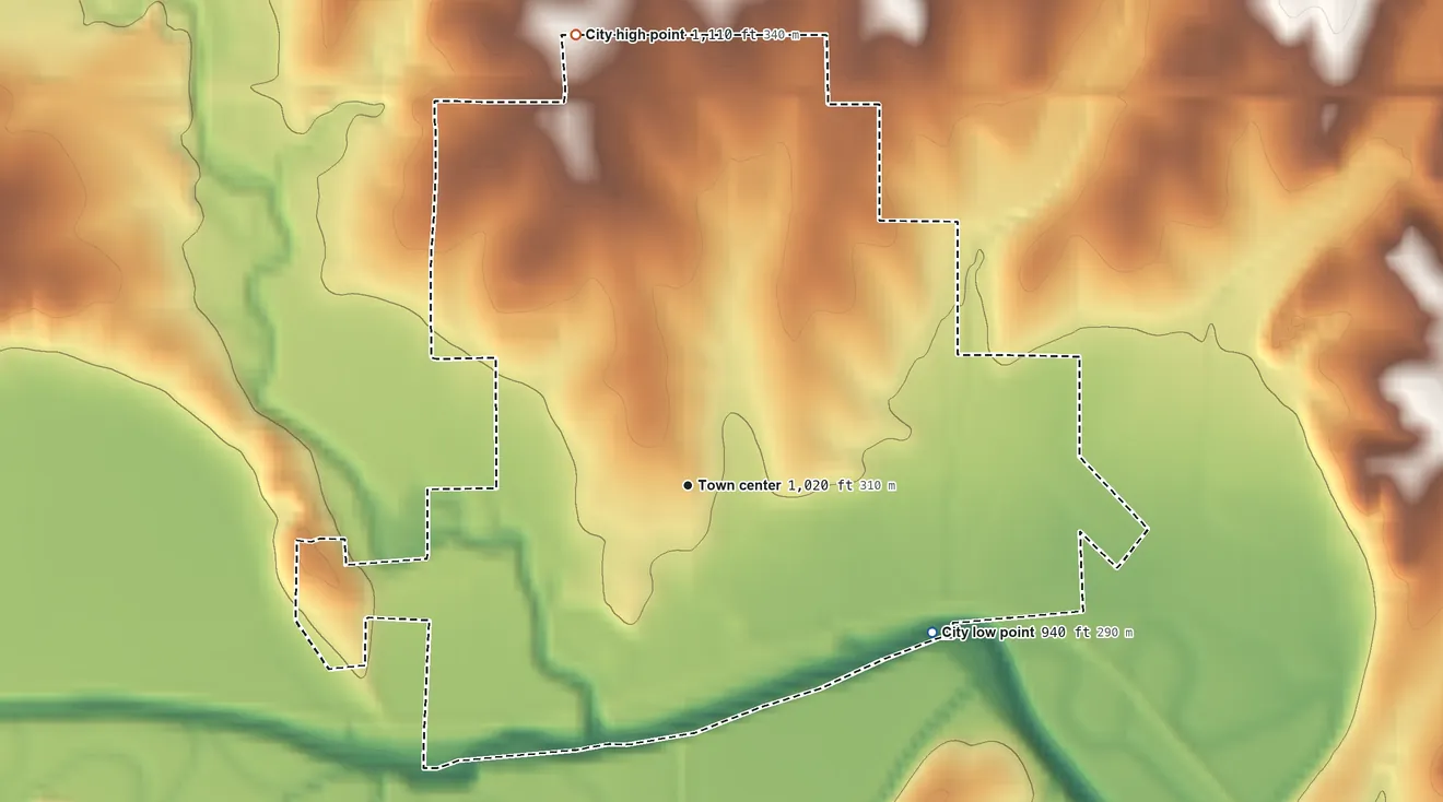 Topographic elevation map of Humboldt, Nebraska, shaded from 940 ft on the southeast side to 1,110 ft on the north side