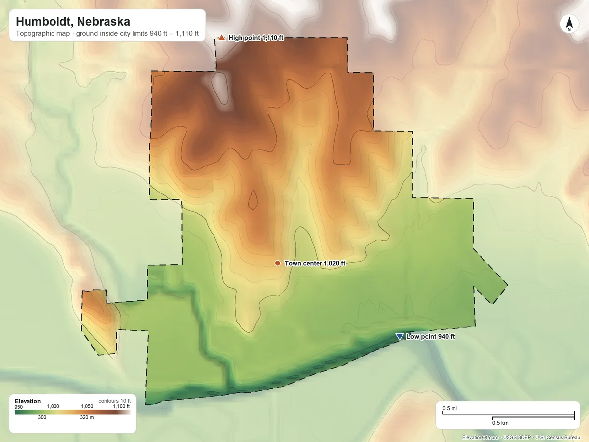 Topographic elevation map of Humboldt, Nebraska, shaded from 940 ft on the southeast side to 1,110 ft on the north side
