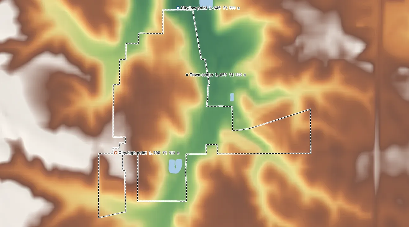 Topographic elevation map of Humphrey, Nebraska, shaded from 1,640 ft on the north side to 1,700 ft on the southwest side
