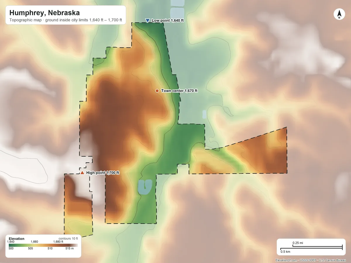 Topographic elevation map of Humphrey, Nebraska, shaded from 1,640 ft on the north side to 1,700 ft on the southwest side