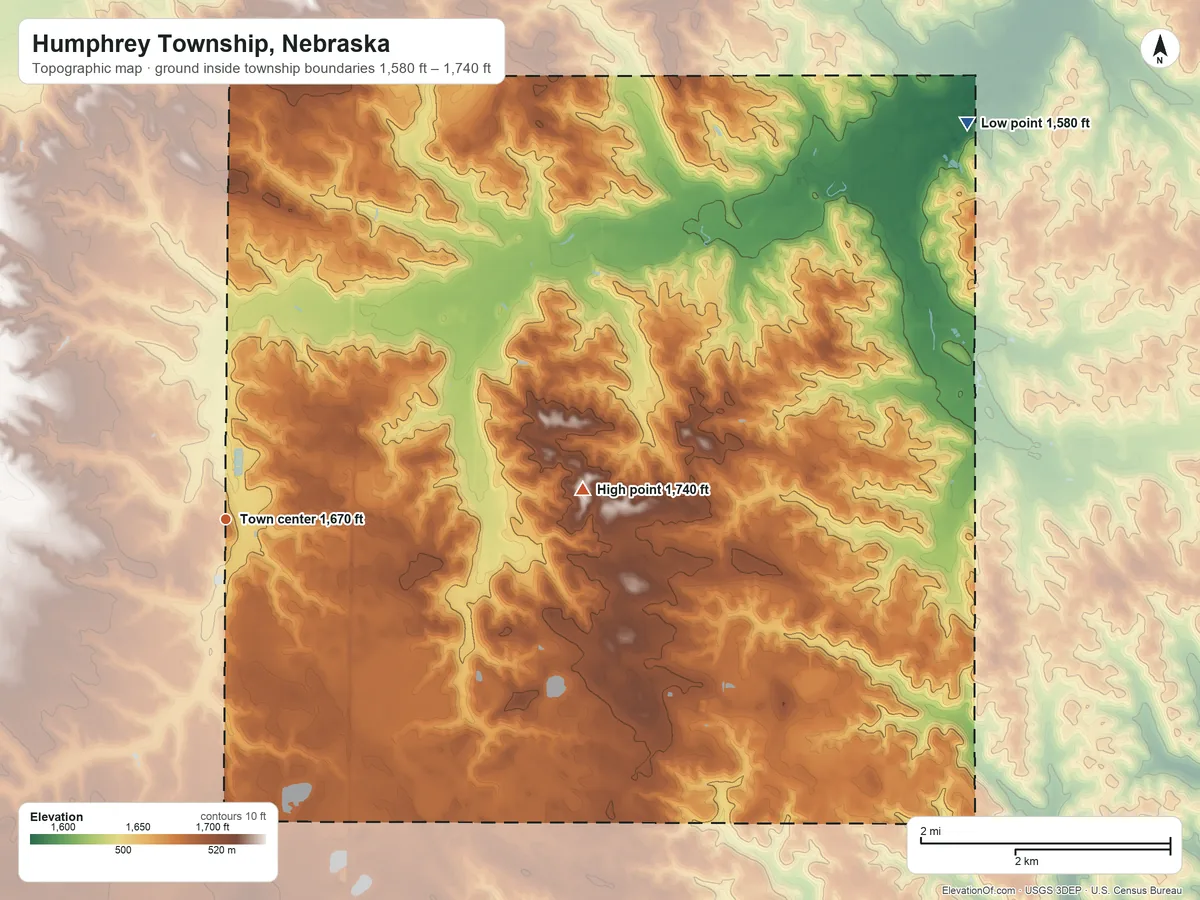 Topographic elevation map of Humphrey Township, Nebraska, shaded from 1,580 ft on the northeast side to 1,740 ft on the east side