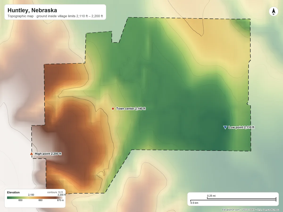 Topographic elevation map of Huntley, Nebraska, shaded from 2,110 ft on the east side to 2,200 ft on the southwest side