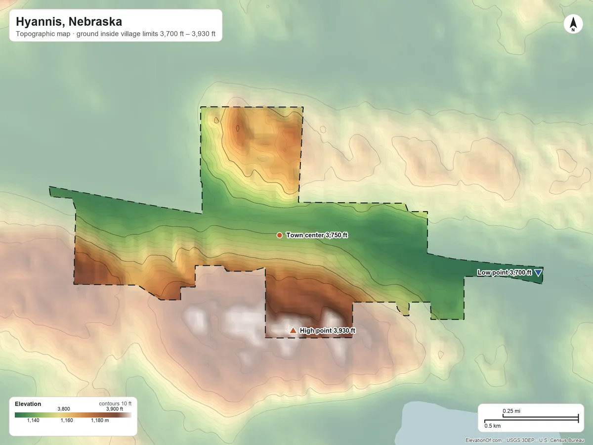 Topographic elevation map of Hyannis, Nebraska, shaded from 3,700 ft on the east side to 3,930 ft on the south side