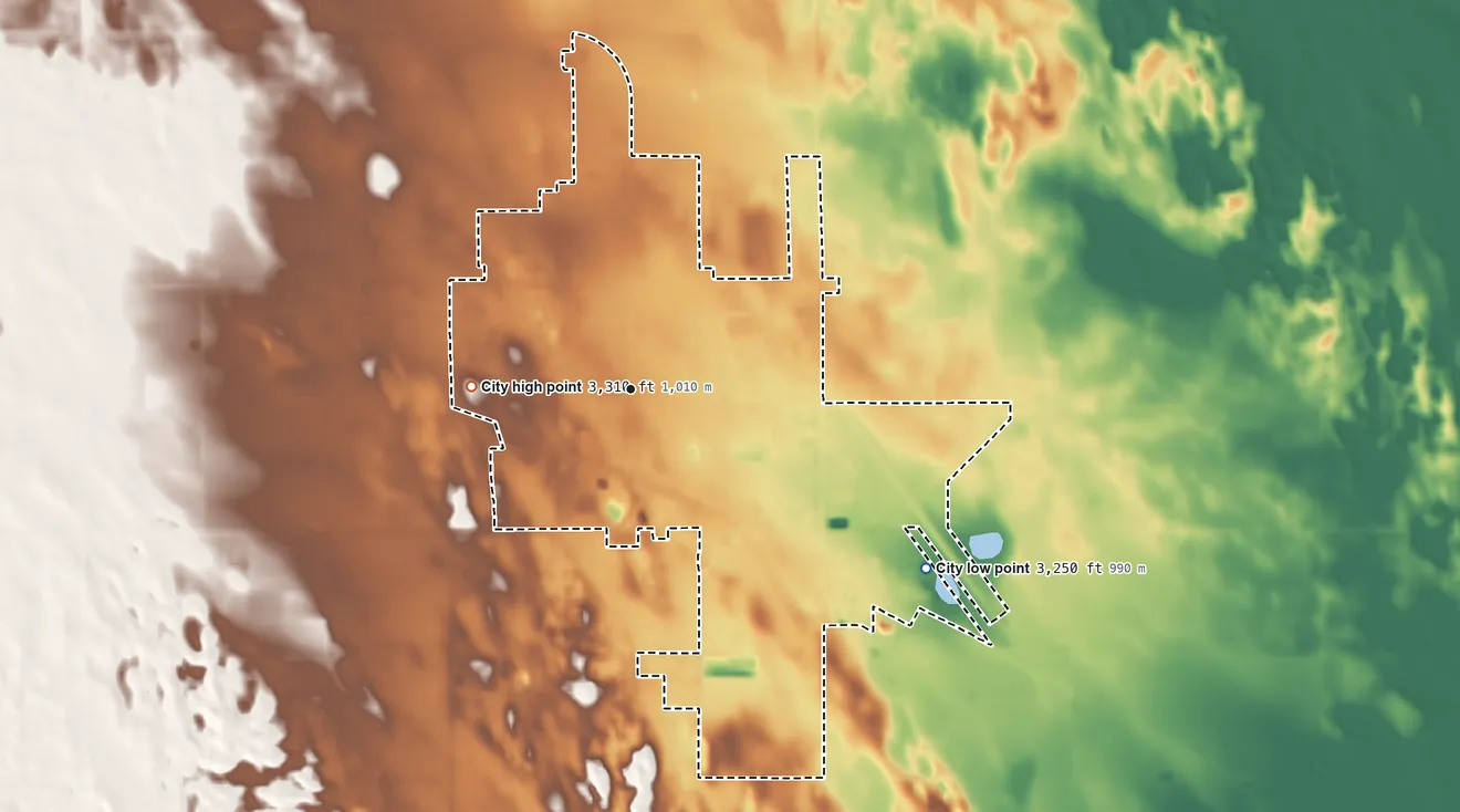 Topographic elevation map of Imperial, Nebraska, shaded from 3,250 ft on the southeast side to 3,310 ft on the west side