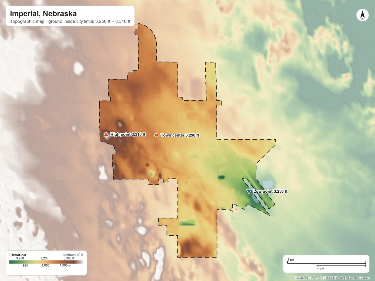 Topographic elevation map of Imperial, Nebraska, shaded from 3,250 ft on the southeast side to 3,310 ft on the west side