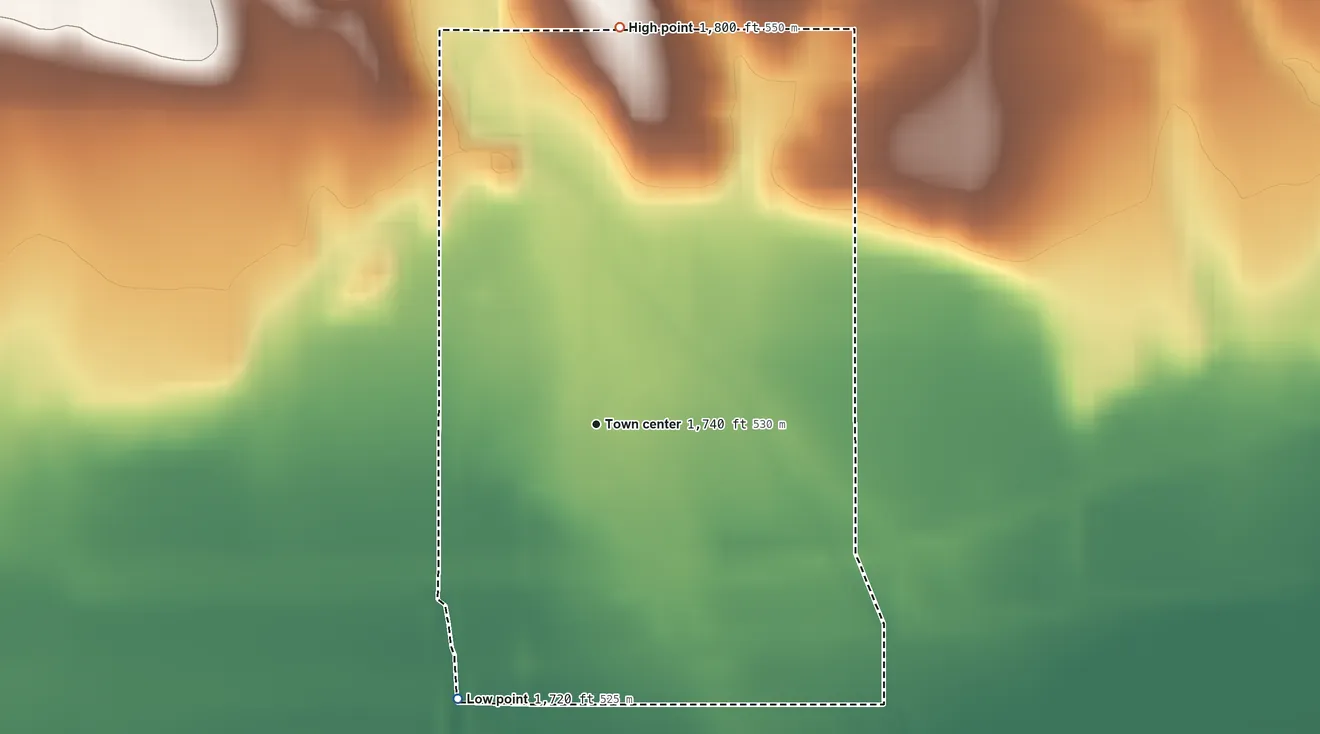 Topographic elevation map of Inavale, Nebraska, shaded from 1,720 ft on the southwest side to 1,800 ft on the north side