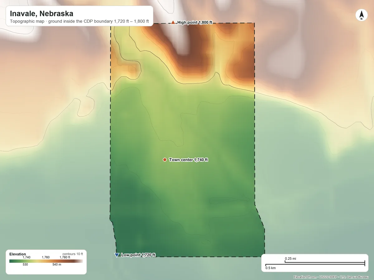 Topographic elevation map of Inavale, Nebraska, shaded from 1,720 ft on the southwest side to 1,800 ft on the north side