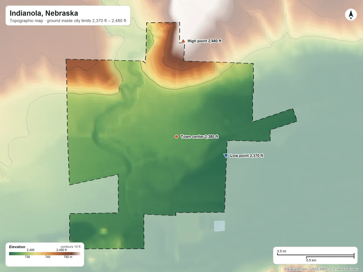 Topographic elevation map of Indianola, Nebraska, shaded from 2,370 ft on the east side to 2,480 ft on the north side