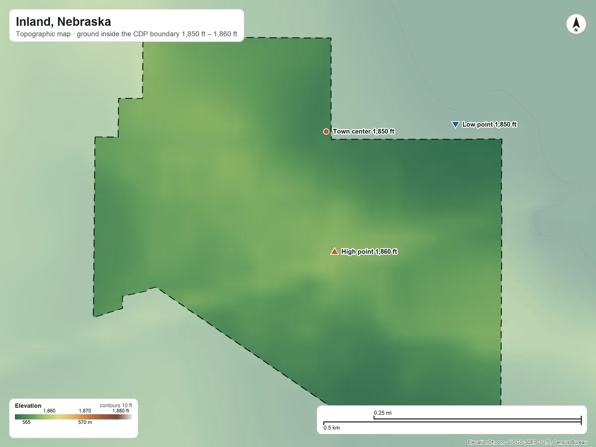 Topographic elevation map of Inland, Nebraska, shaded from 1,850 ft on the east side to 1,860 ft on the south side
