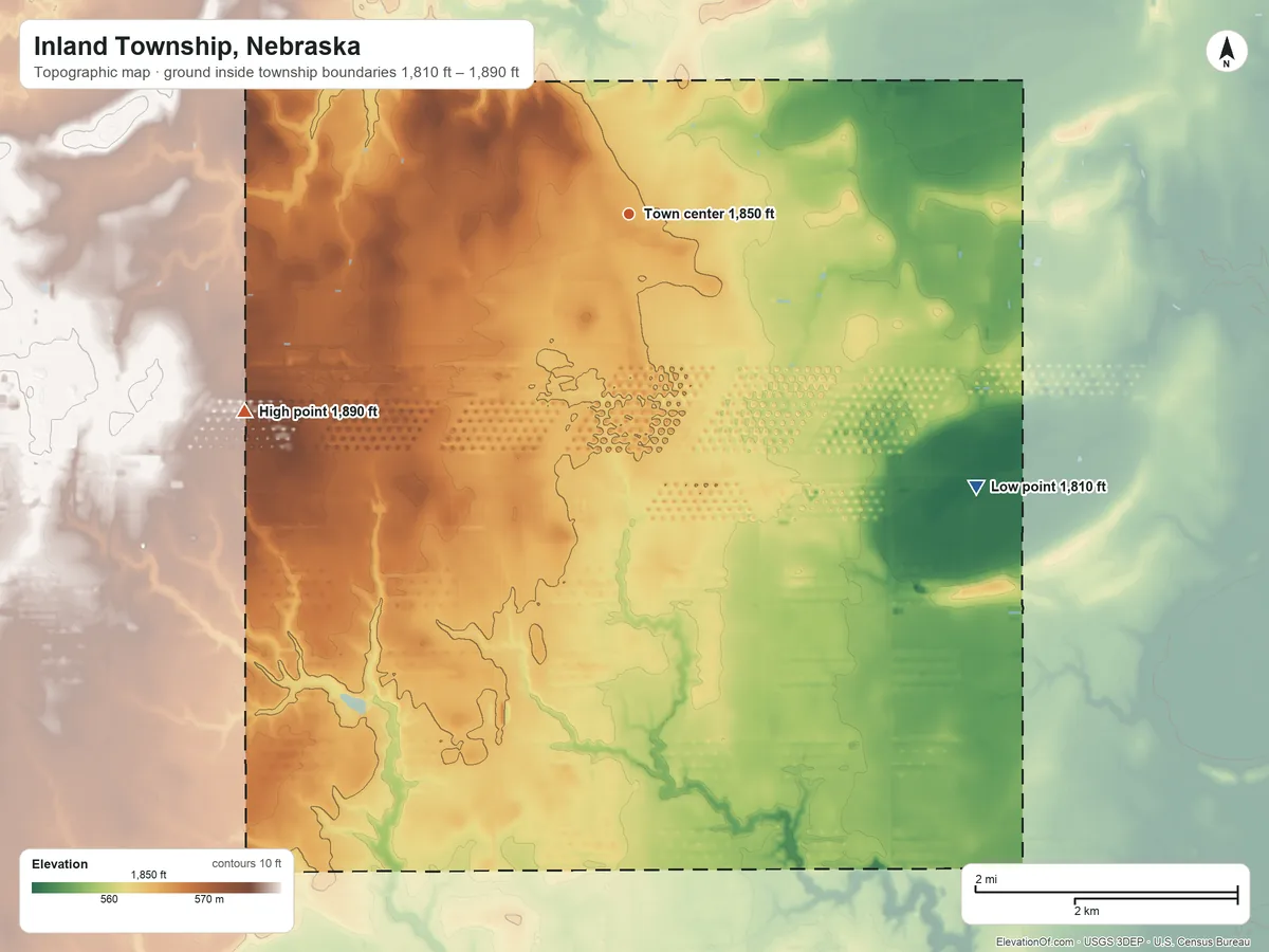 Topographic elevation map of Inland Township, Nebraska, shaded from 1,810 ft on the southeast side to 1,890 ft on the southwest side