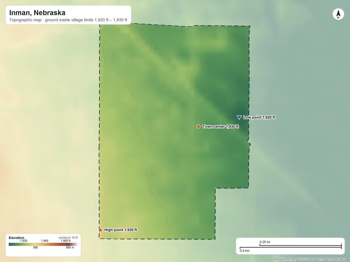 Topographic elevation map of Inman, Nebraska, shaded from 1,920 ft on the east side to 1,930 ft on the southwest side