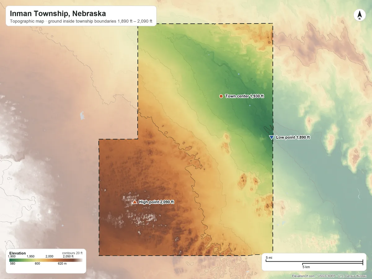 Topographic elevation map of Inman Township, Nebraska, shaded from 1,890 ft on the southeast side to 2,090 ft on the southwest side
