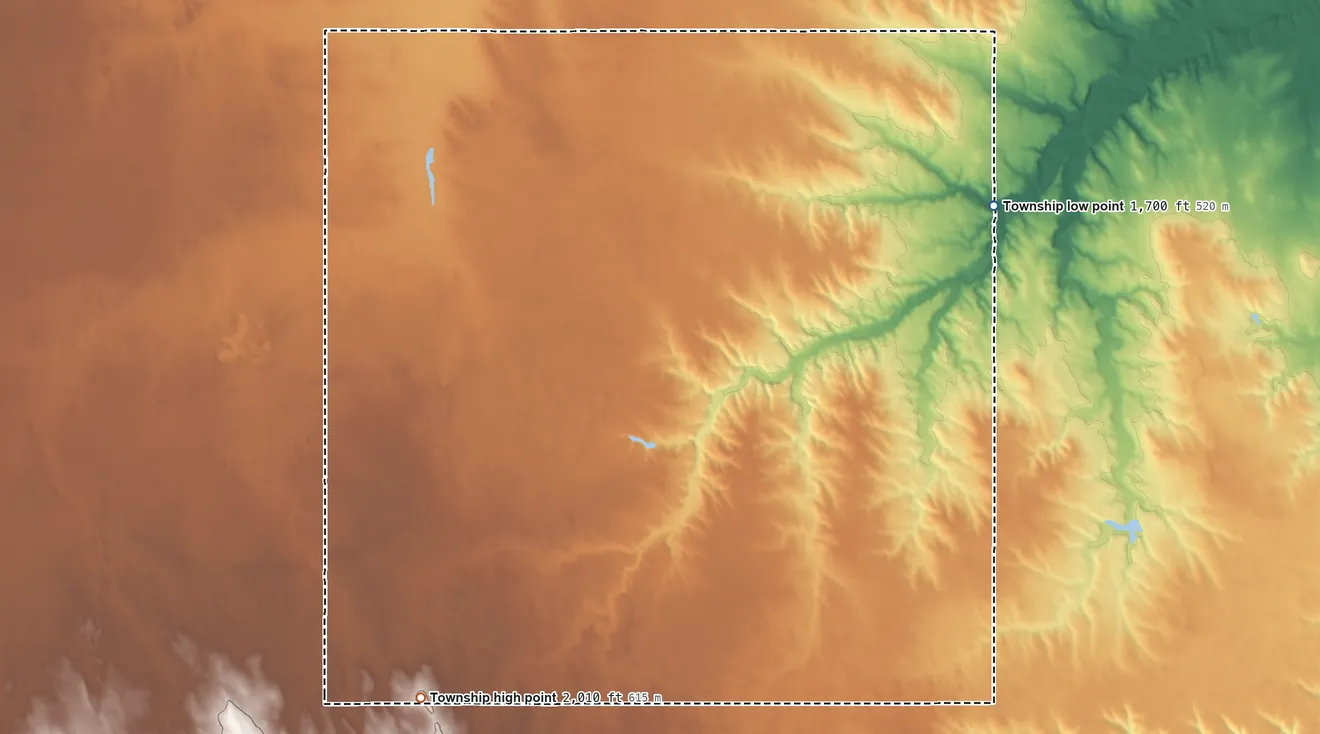 Topographic elevation map of Iowa Township, Nebraska, shaded from 1,700 ft on the northeast side to 2,010 ft on the southwest side