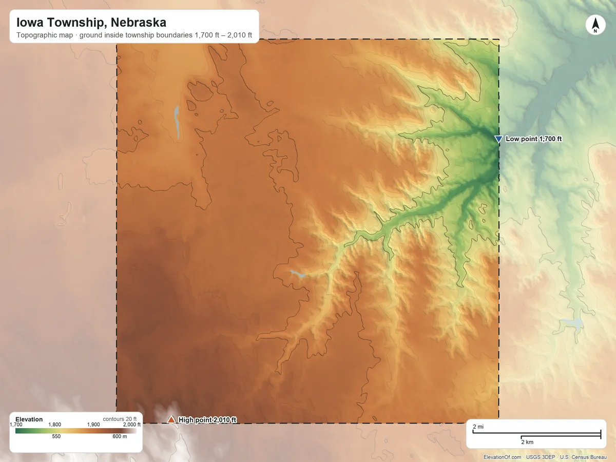 Topographic elevation map of Iowa Township, Nebraska, shaded from 1,700 ft on the northeast side to 2,010 ft on the southwest side