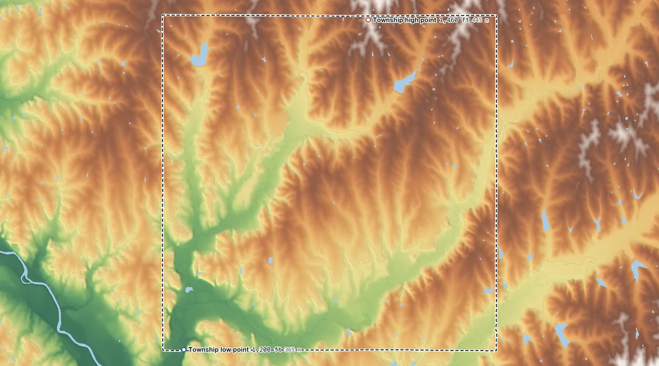 Topographic elevation map of Island Grove Township, Nebraska, shaded from 1,200 ft on the southwest side to 1,460 ft on the north side