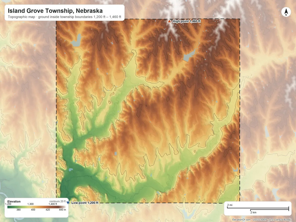 Topographic elevation map of Island Grove Township, Nebraska, shaded from 1,200 ft on the southwest side to 1,460 ft on the north side