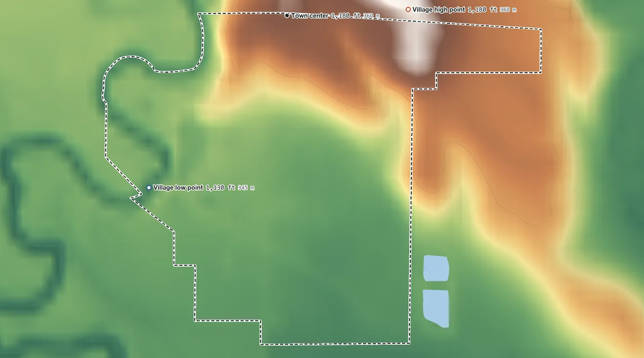 Topographic elevation map of Ithaca, Nebraska, shaded from 1,130 ft on the southwest side to 1,180 ft on the east side