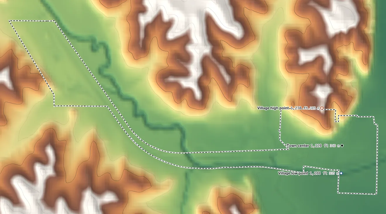 Topographic elevation map of Jackson, Nebraska, shaded from 1,100 ft near the middle to 1,270 ft on the northwest side