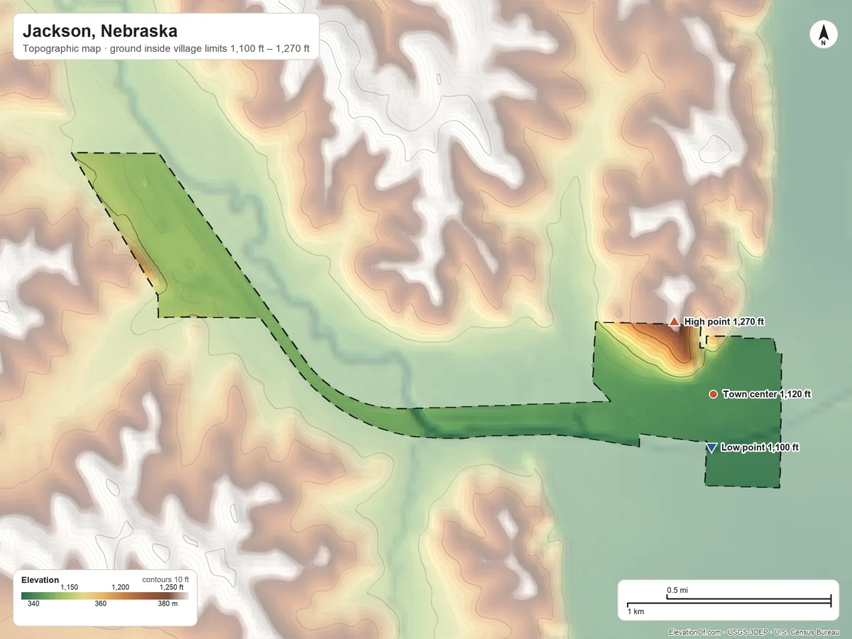 Topographic elevation map of Jackson, Nebraska, shaded from 1,100 ft near the middle to 1,270 ft on the northwest side
