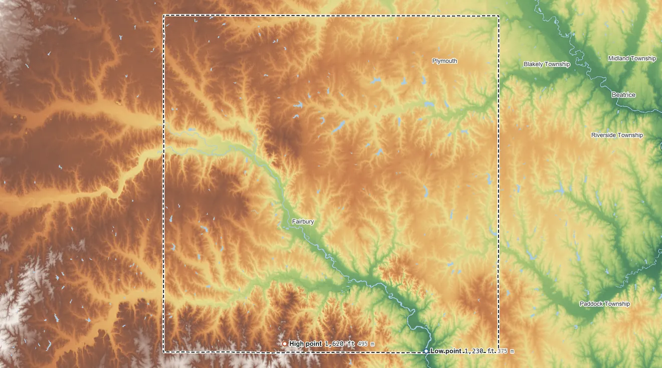 Topographic elevation map of Jefferson County, Nebraska, shaded from 1,230 ft on the southeast side to 1,620 ft on the south side