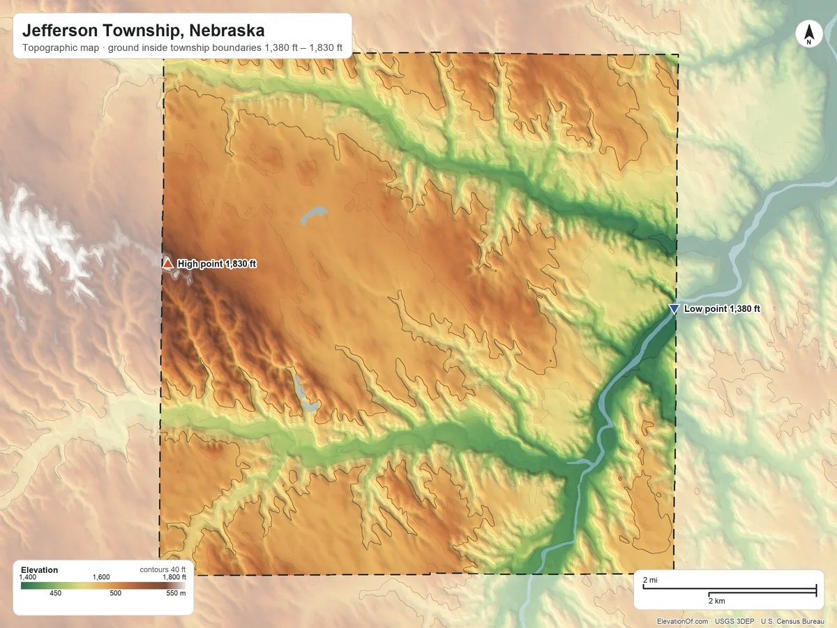 Topographic elevation map of Jefferson Township, Nebraska, shaded from 1,380 ft on the east side to 1,830 ft on the west side