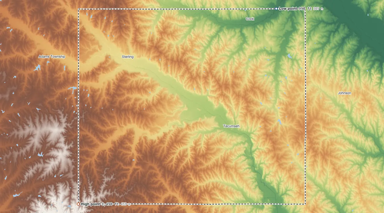 Topographic elevation map of Johnson County, Nebraska, shaded from 990 ft on the northeast side to 1,490 ft on the southwest side