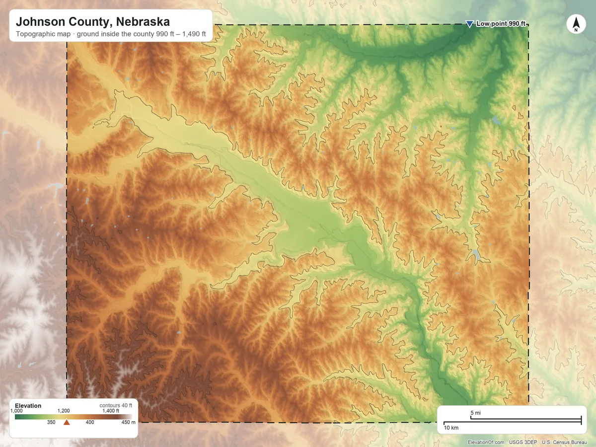 Topographic elevation map of Johnson County, Nebraska, shaded from 990 ft on the northeast side to 1,490 ft on the southwest side