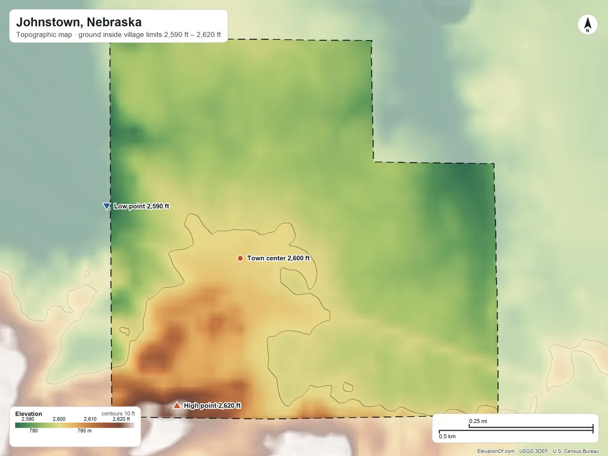 Topographic elevation map of Johnstown, Nebraska, shaded from 2,590 ft on the west side to 2,620 ft on the southwest side