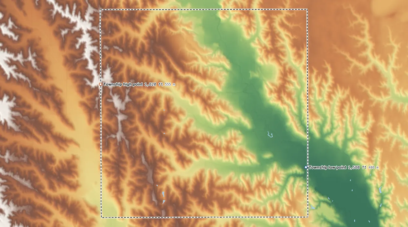 Topographic elevation map of Joliet Township, Nebraska, shaded from 1,580 ft on the southeast side to 1,820 ft on the west side